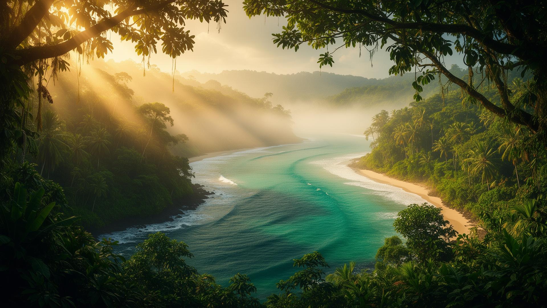 Rainforest canopy opening to a tropical ocean coastline at golden hour — Divine Flow Therapy